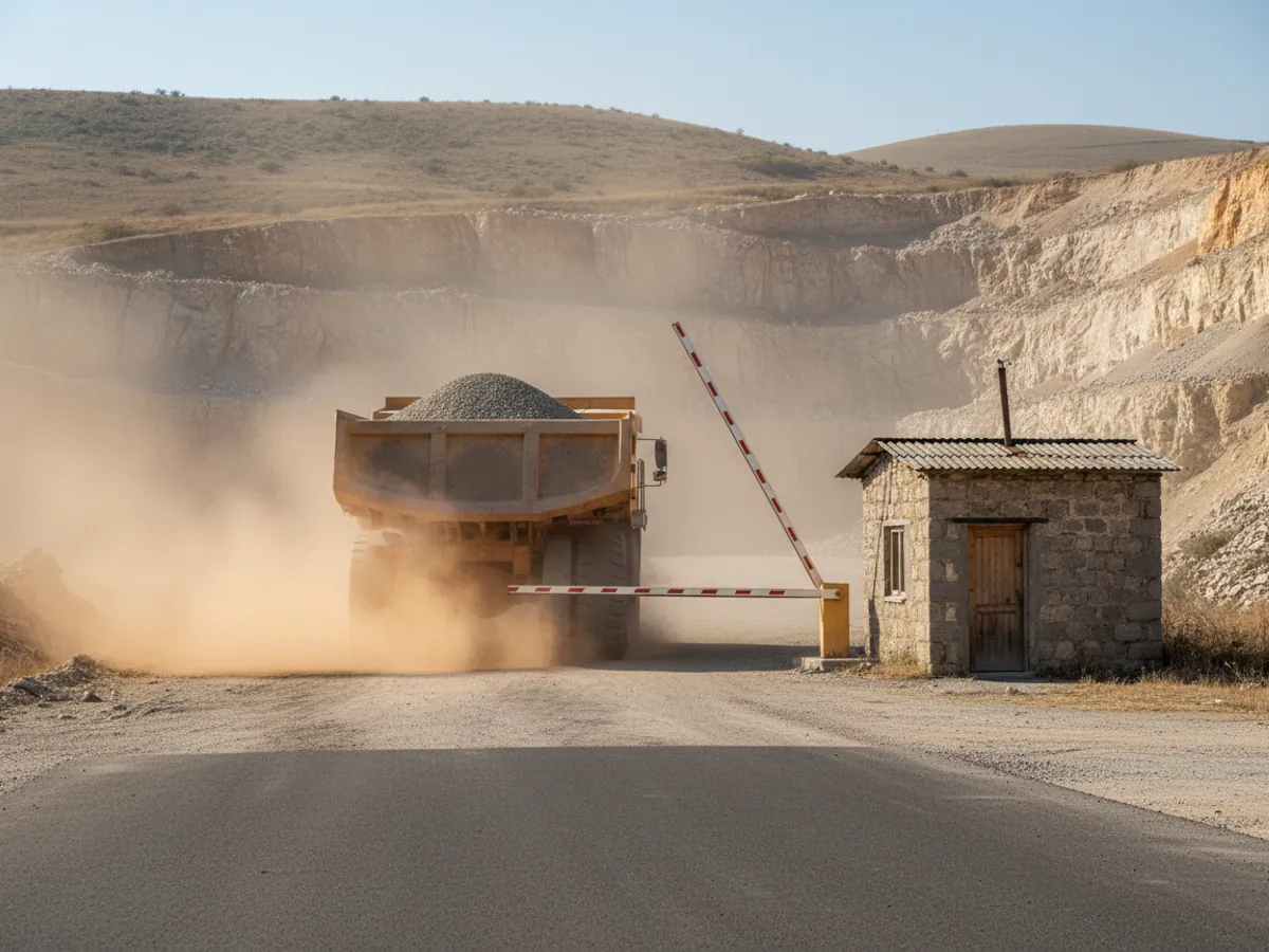 A loaded tipper leaving a quarry through a barrier beside the control hut