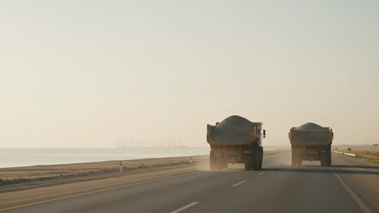Two loaded tippers on the coastal highway near Garadagh, construction cranes in the distance