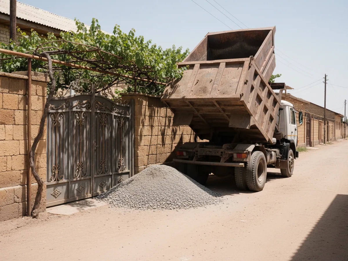 A tipper with its body raised at the gate of a private house, a fresh pile of crushed stone beside it
