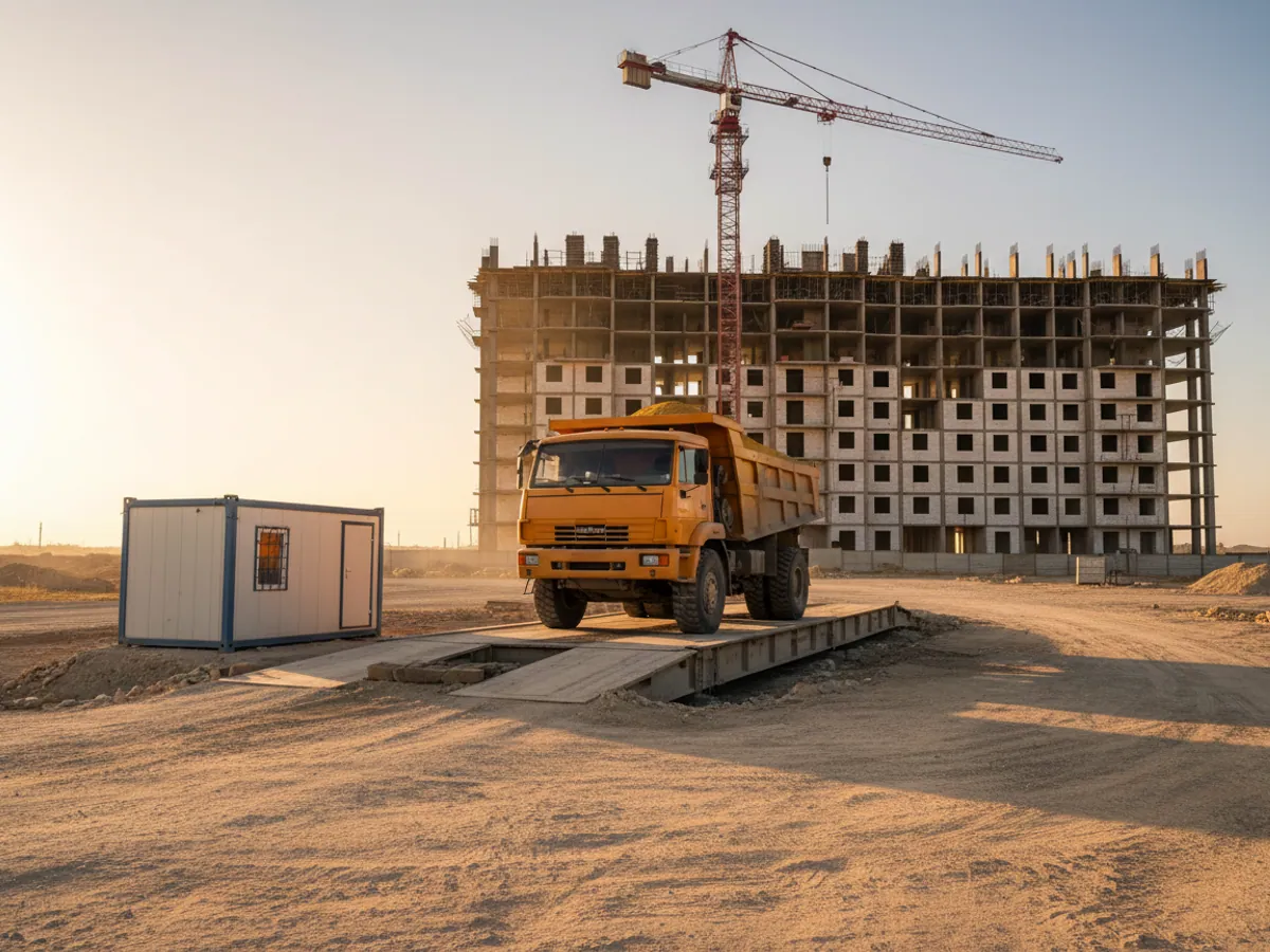 A tipper loaded with sand on the weighbridge at a construction site entrance, an unfinished tower block and a crane behind