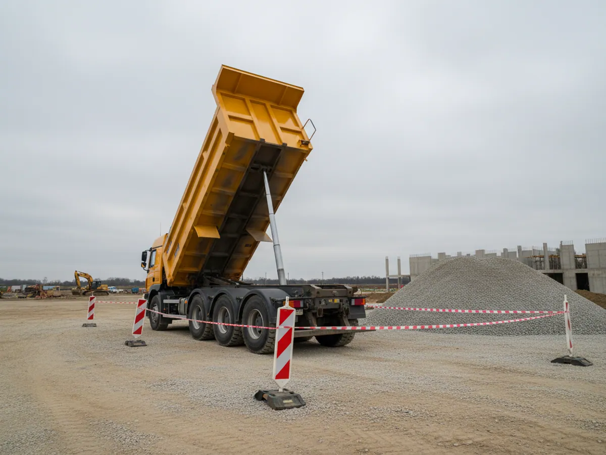 An empty tipper with its body fully raised on a marked-out unloading pad at a construction site