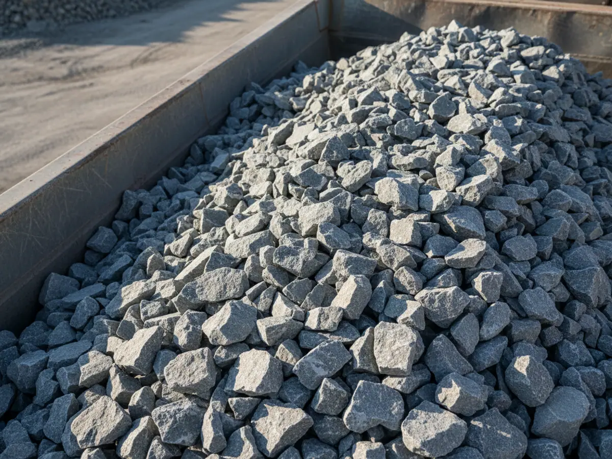 The body of a tipper filled to the brim with fresh crushed stone, close up from above