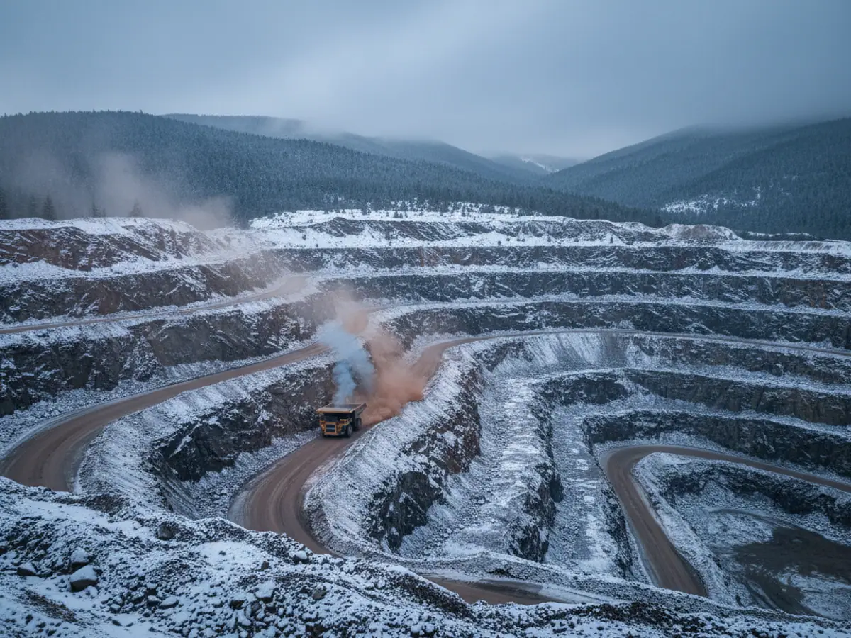 A haul truck climbing a snow-covered switchback at a mountain mine