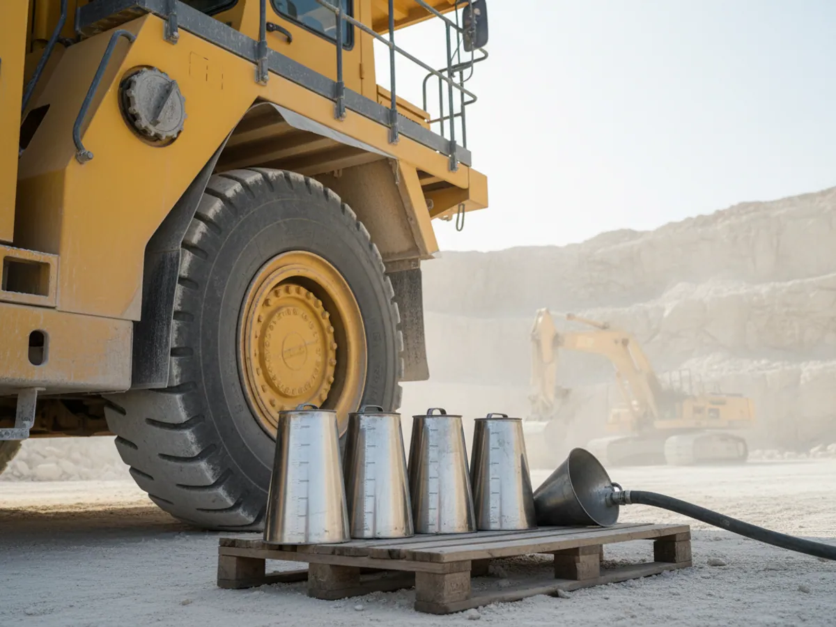 Measuring cans and a funnel beside the open fuel tank of a haul truck
