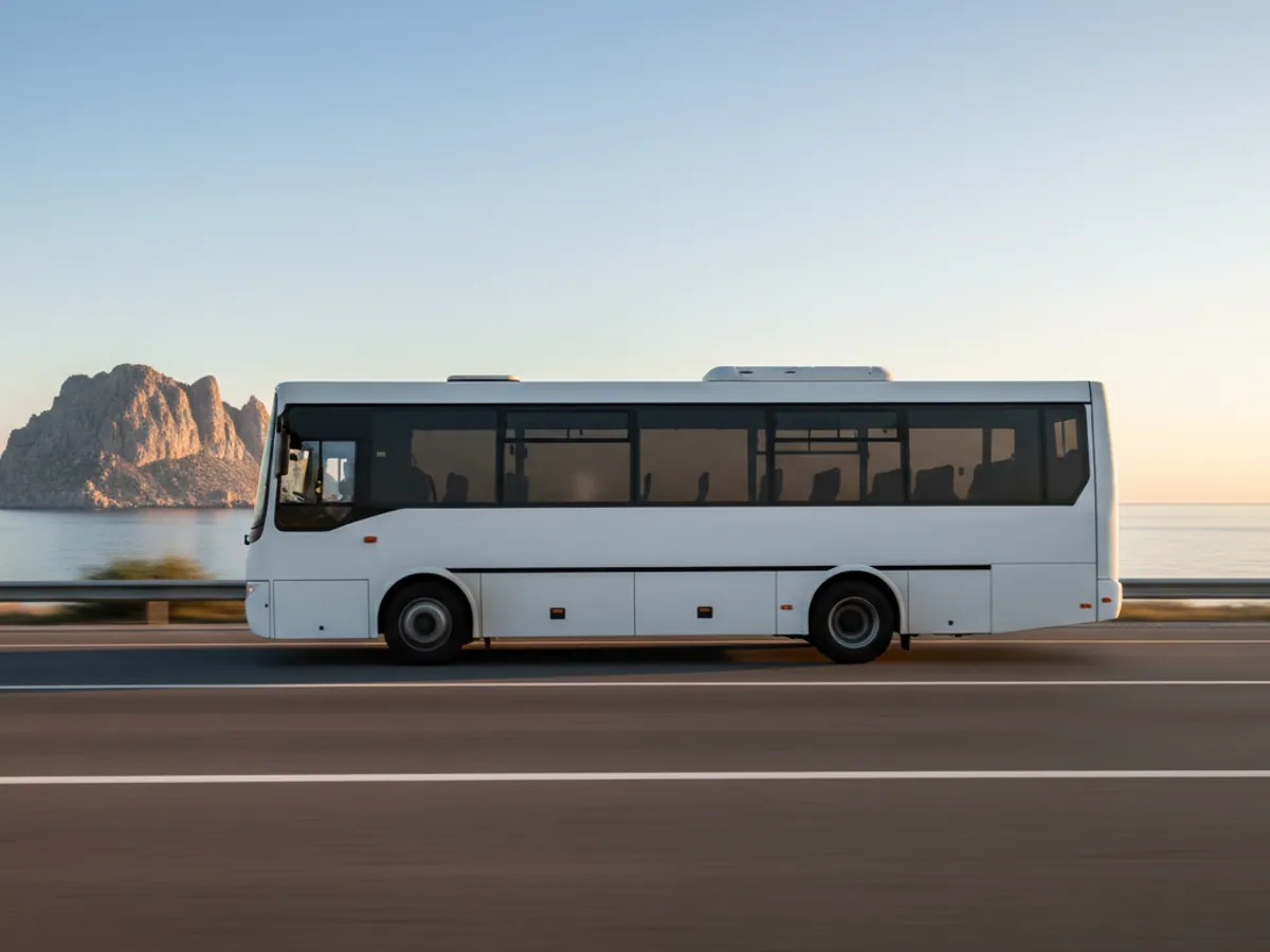 A crew bus with tinted windows on the coastal road near Siyazan at dawn