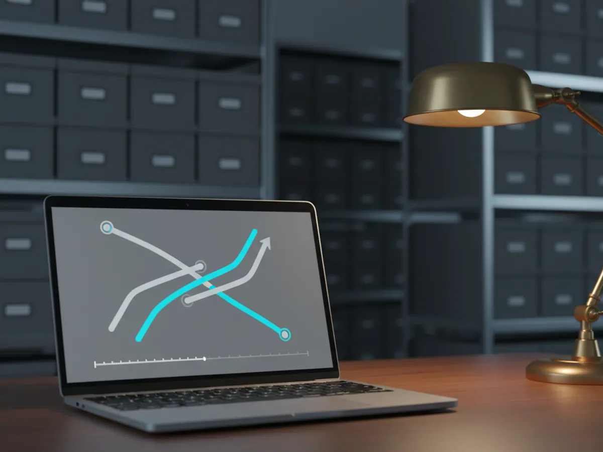 A laptop in an archive showing an old and a new track on a map, shelves of boxes behind