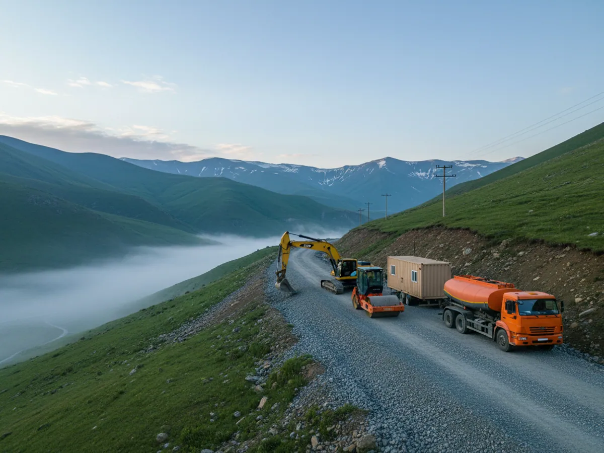 An excavator, a roller and a fuel tanker on a mountain road build in Kalbajar