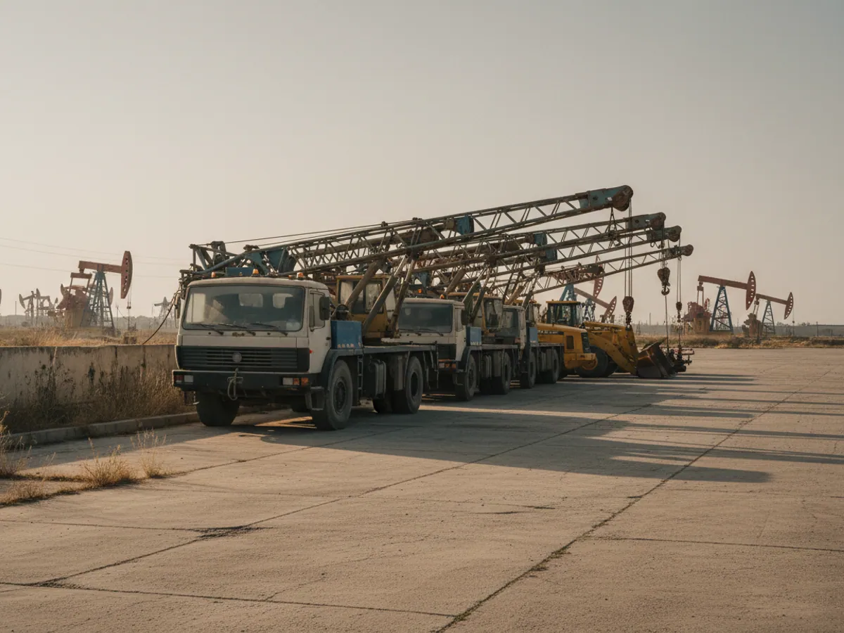Idle mobile cranes and loaders on a yard by an Absheron oil field at the end of the day