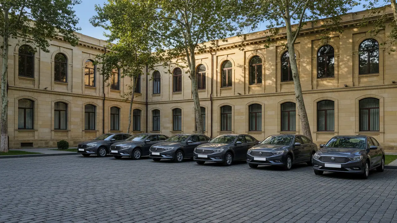 A row of dark official saloons in the courtyard of an old administrative building in Baku in the morning