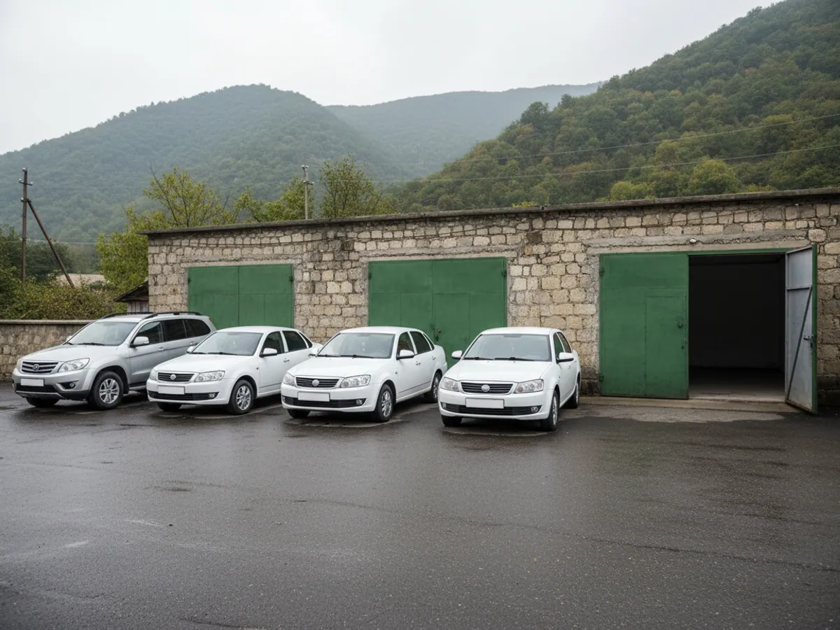 Official cars of a regional office beside a stone garage in Sheki against a backdrop of mountains