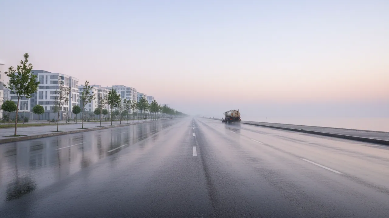 A wide empty boulevard in Sumgait in the morning, a sweeper and a washing vehicle in the distance