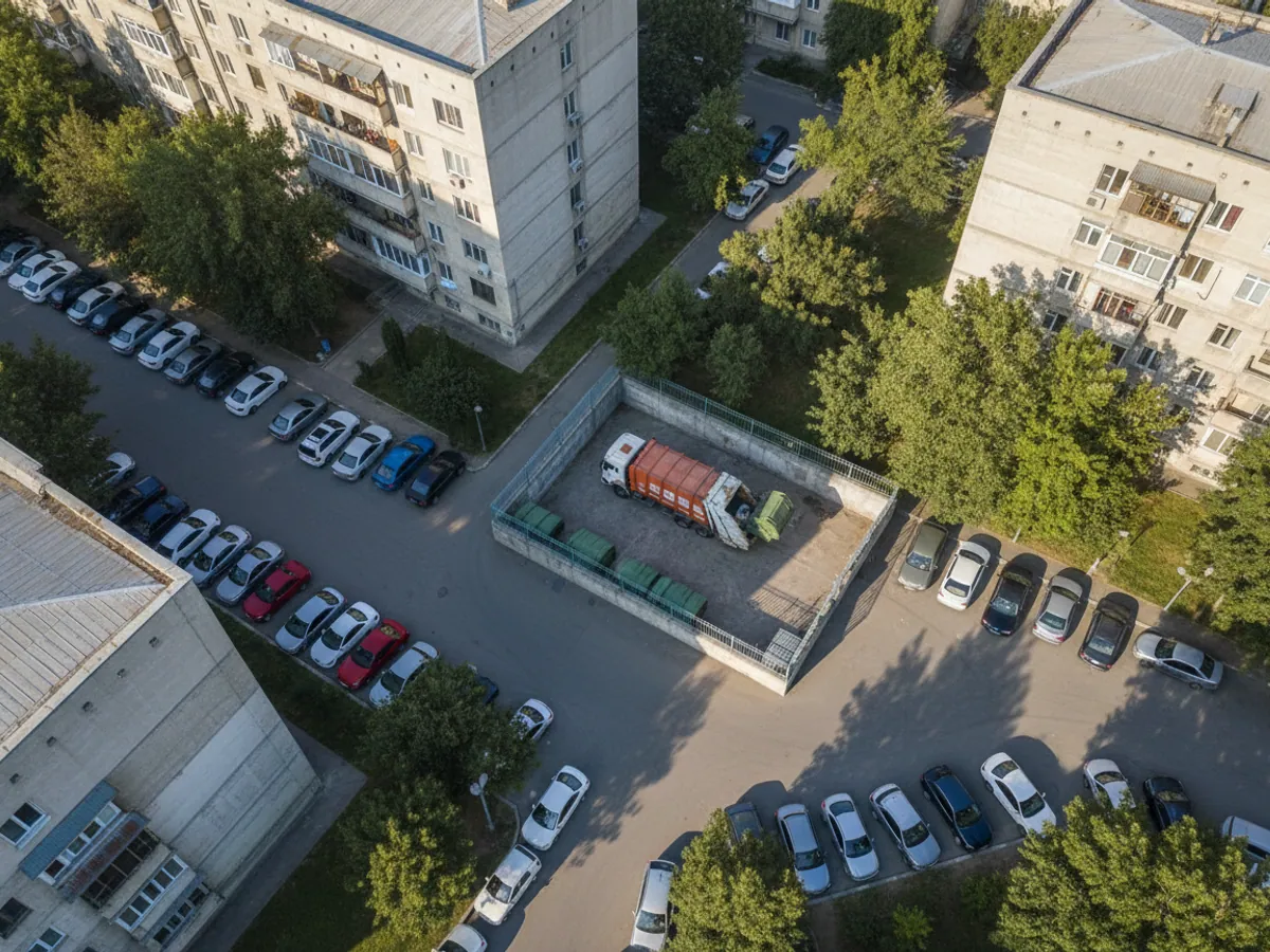 Вид сверху на мусоровоз у контейнерной площадки во дворе жилого квартала