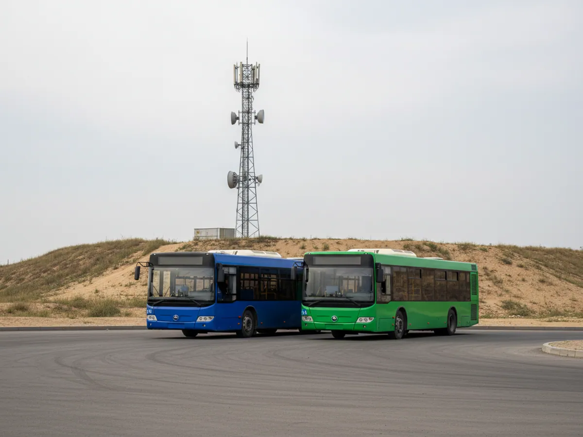 Buses of two operators at a terminus, a mobile mast on the hill behind
