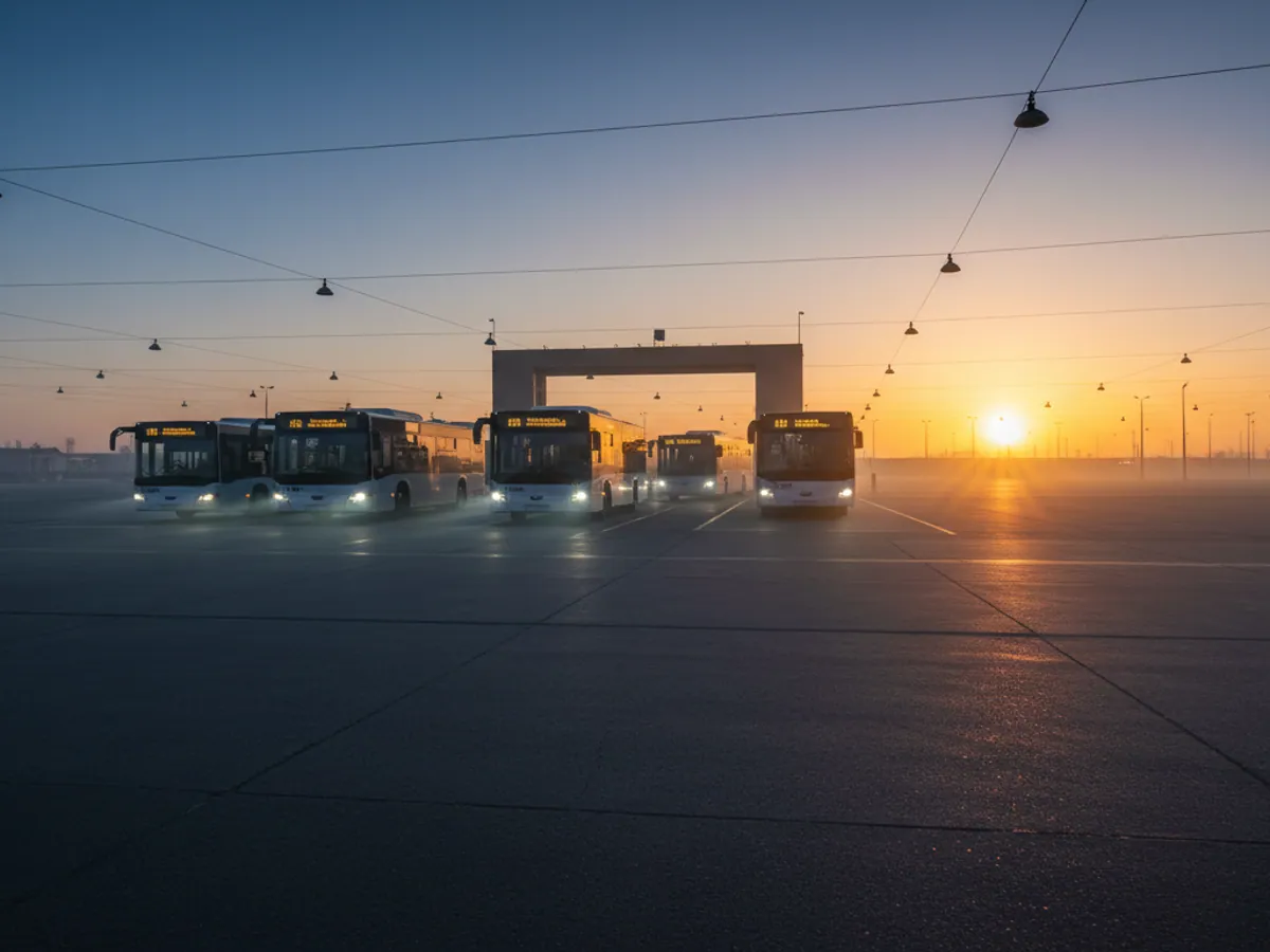 Buses with headlights on pulling out of the depot gates at dawn