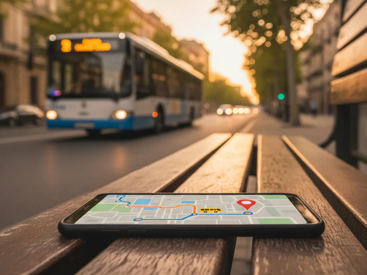 A smartphone on a bus stop bench showing a route map, a bus approaching in the distance