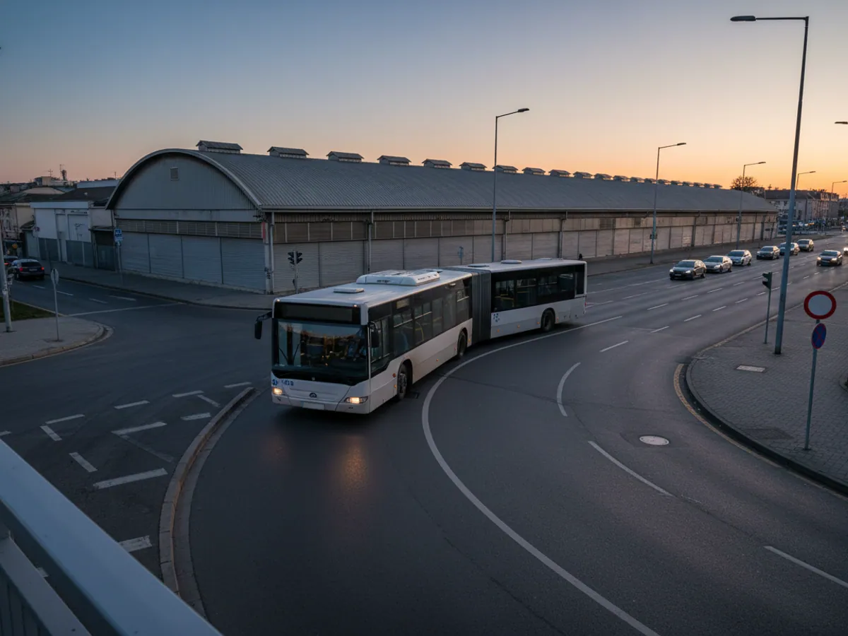 A city bus turning round on the road by a closed covered market in the evening