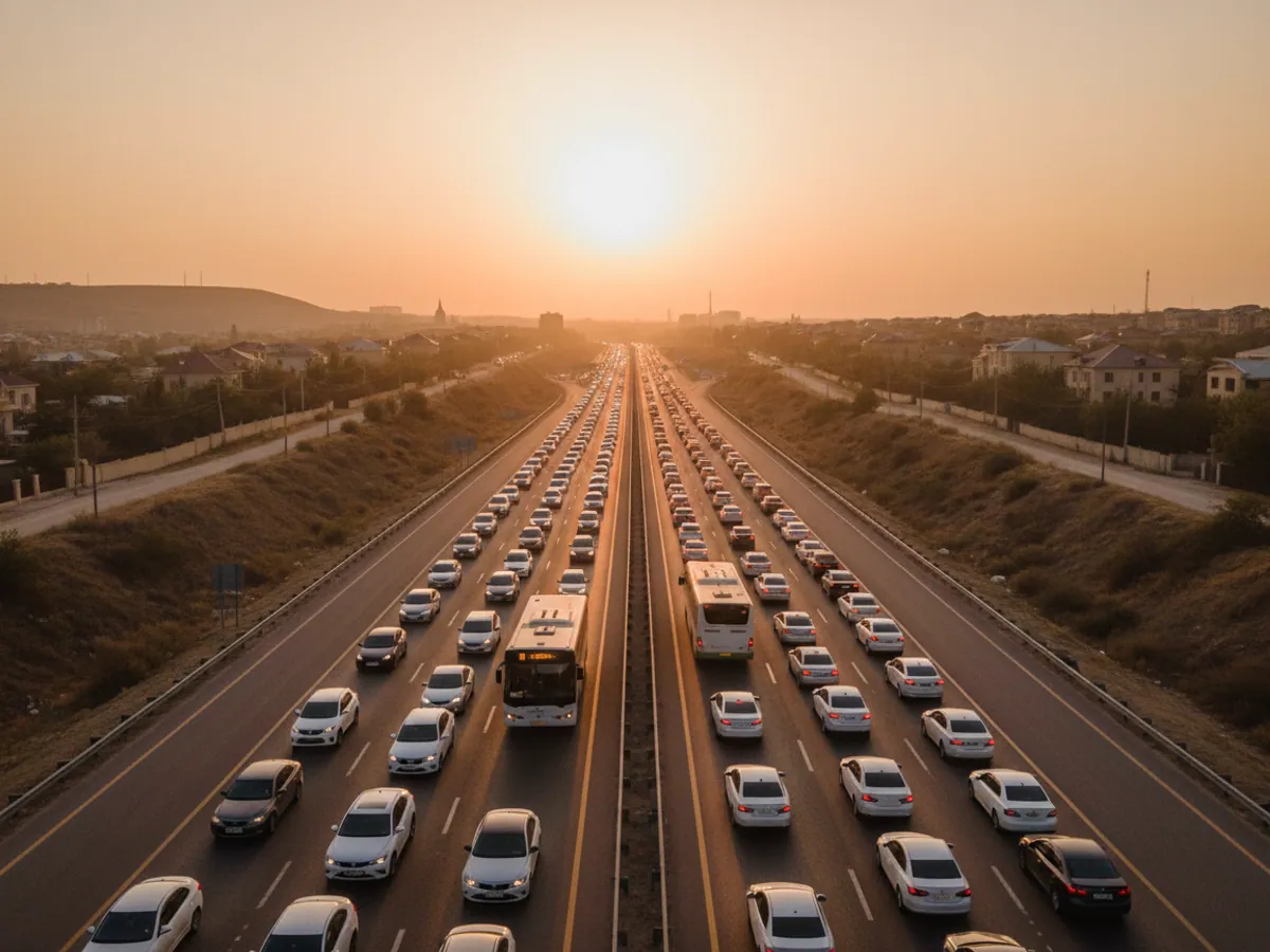 Buses in the evening jam on the approach to Baku from Absheron