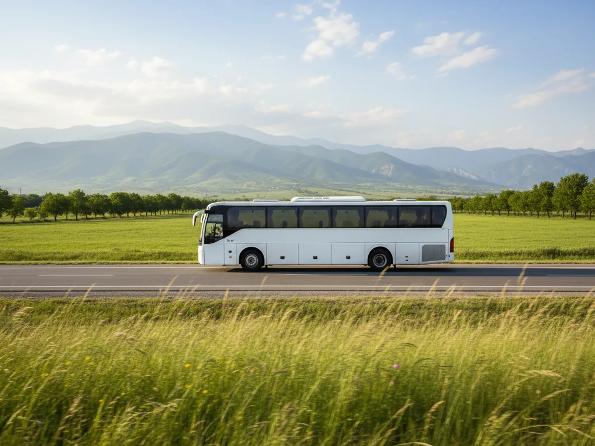 An intercity coach on the M-3 towards Lankaran, the Talysh Mountains in the distance