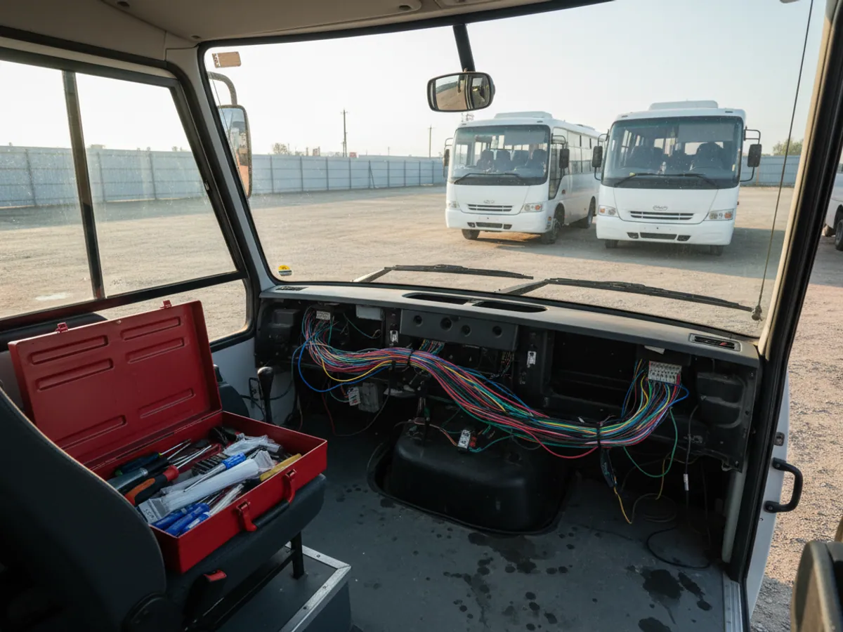 The interior of a route minibus with the dashboard panel removed and a toolbox beside it