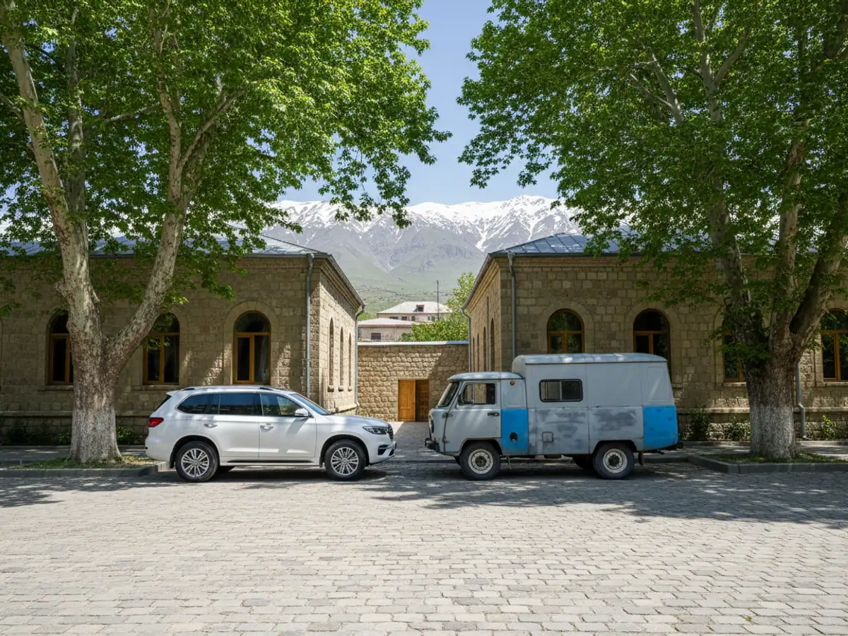 A new official SUV and an old van in the courtyard of a district administration building below the mountains