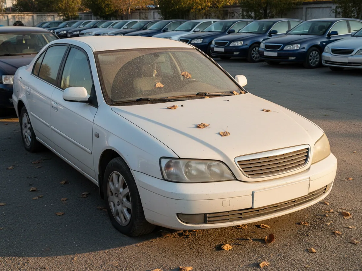 A dusty official saloon with fallen leaves on the windscreen in a corner of the vehicle yard