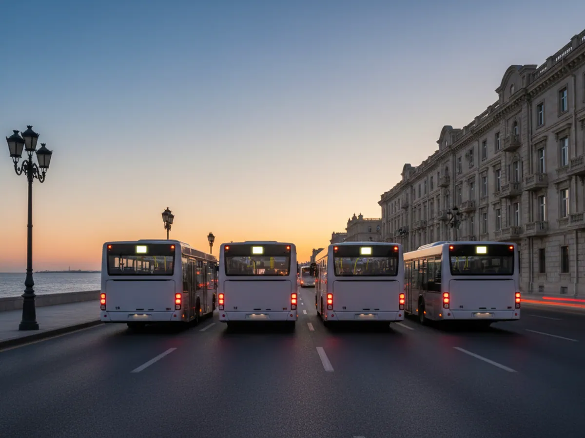 City buses running at even intervals along the seaside avenue in Baku at dusk