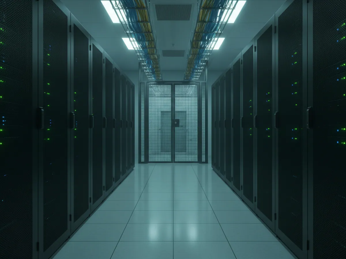 An aisle between server racks in a secure data centre, cable trays running overhead