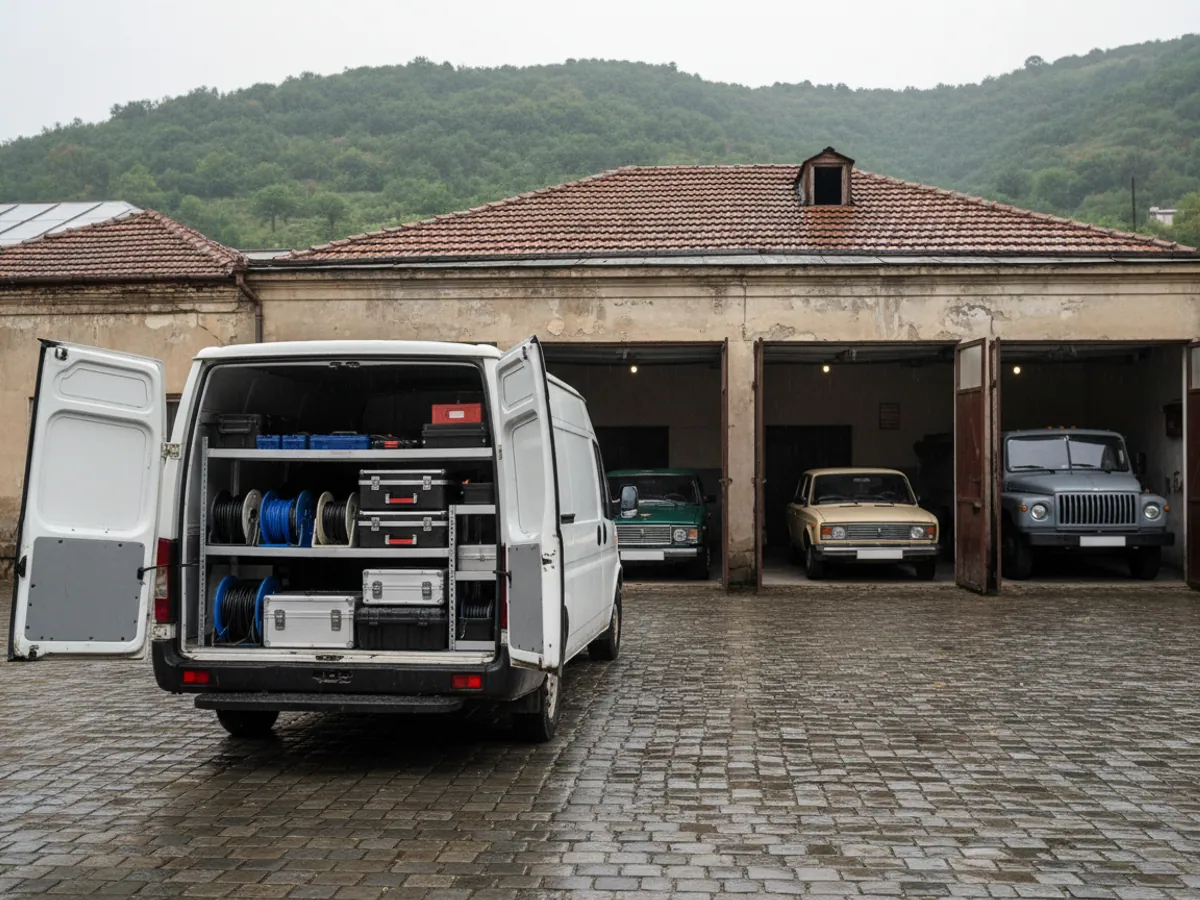 A service van with its doors open beside a district garage holding official cars
