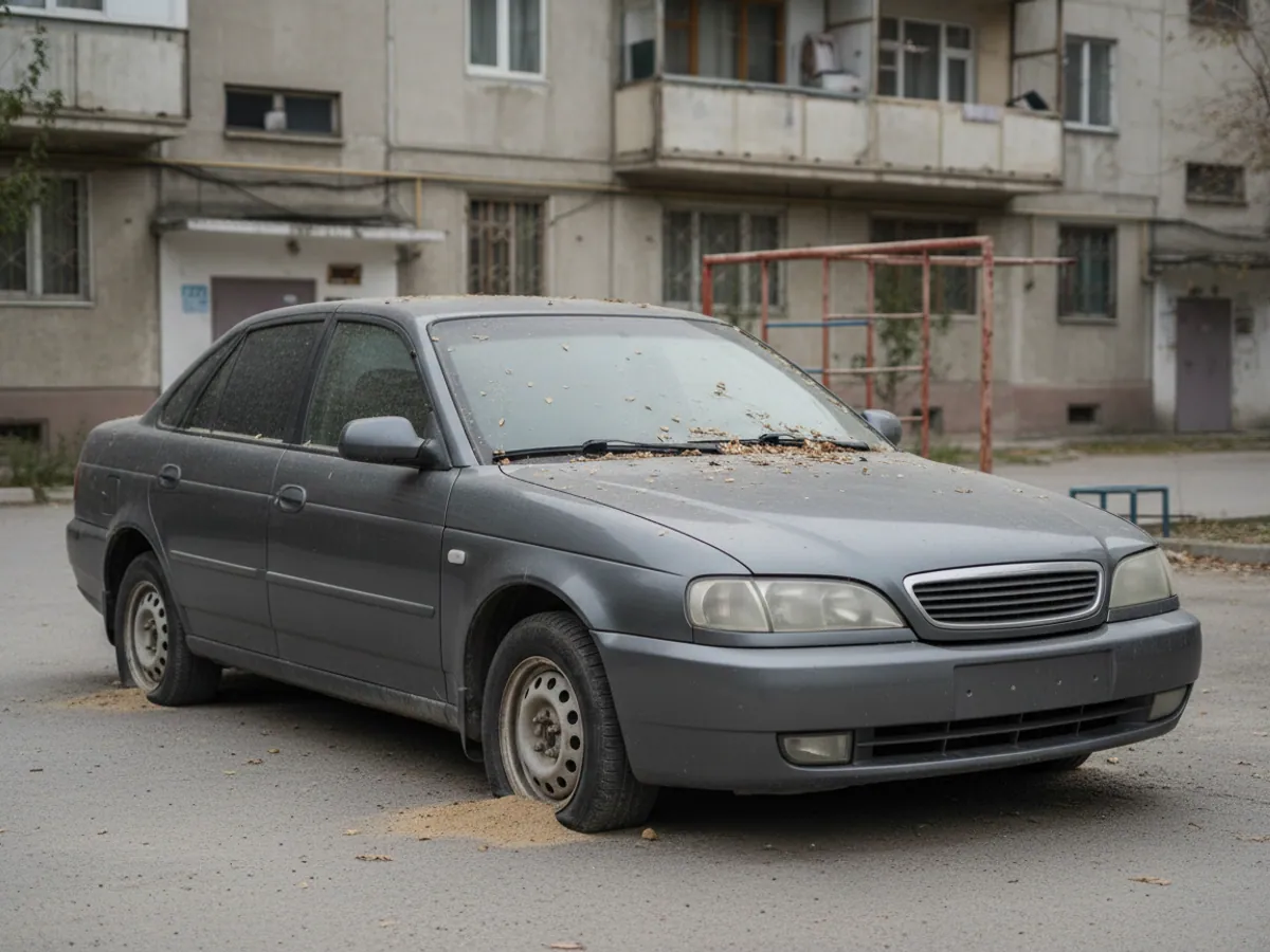 Запылённый тёмный седан с сухими листьями на стекле давно стоит во дворе
