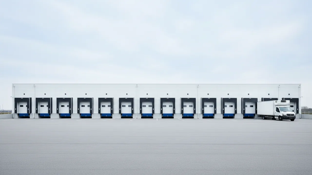 A white refrigerated van at the loading dock of a modern pharmaceutical warehouse on an overcast day