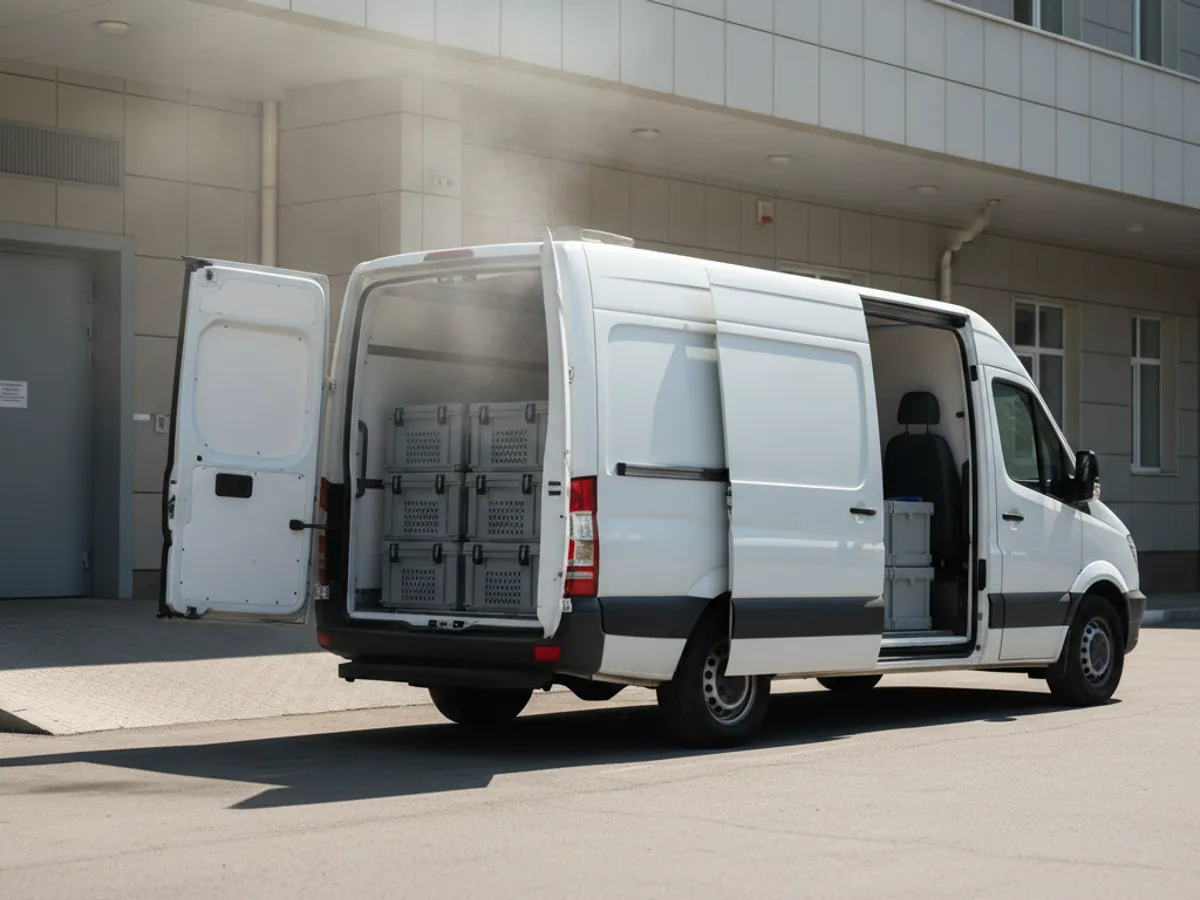 The doors of a refrigerated van ajar outside a hospital, cold vapour drifting out