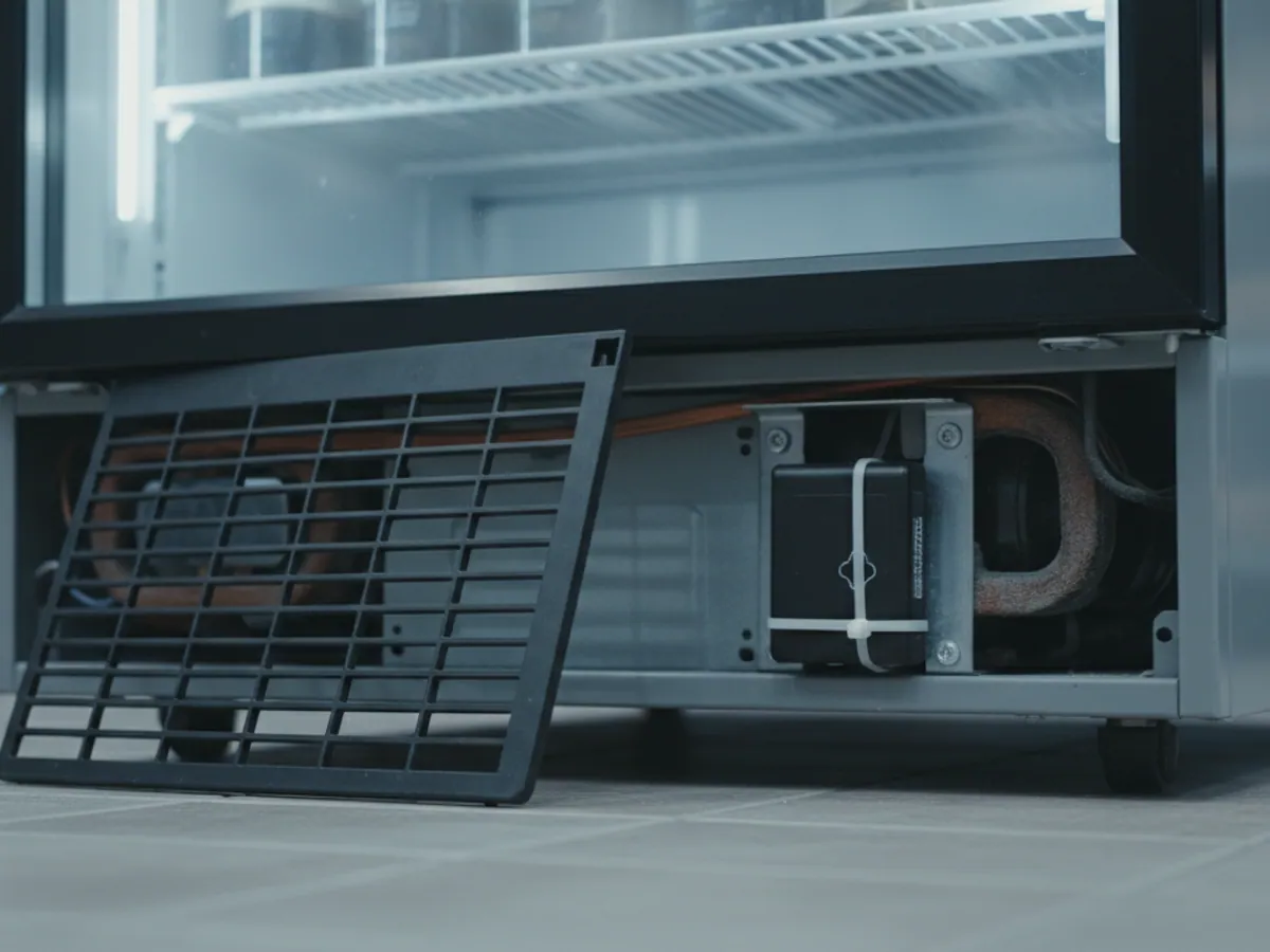 The lower grille of a cooler removed, with a small module fixed to a bracket inside