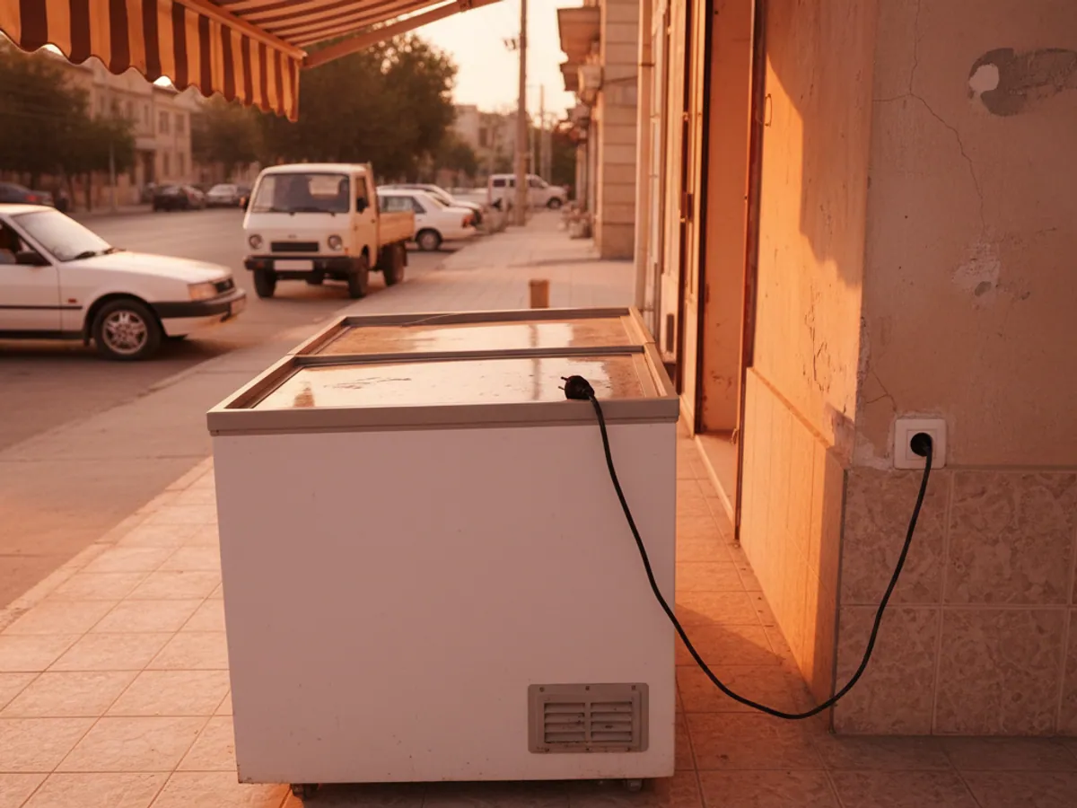A chest freezer under a shop canopy on a summer evening, its plug lying beside the socket