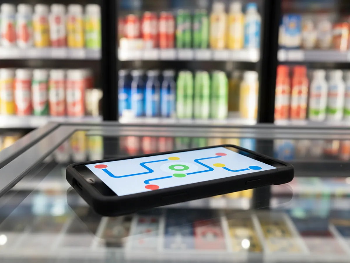 A smartphone resting on a shop cooler showing the map of a round of outlets