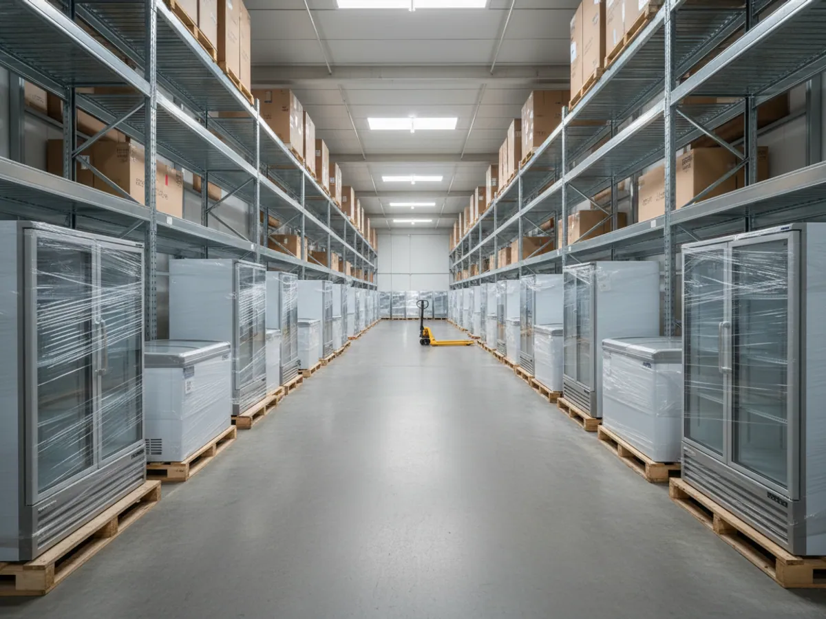 A brand's equipment depot: rows of coolers and chest freezers wrapped in film on pallets