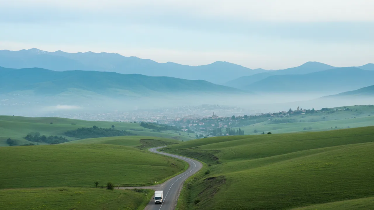 A small delivery lorry on a regional road among green hills on the way to Sheki