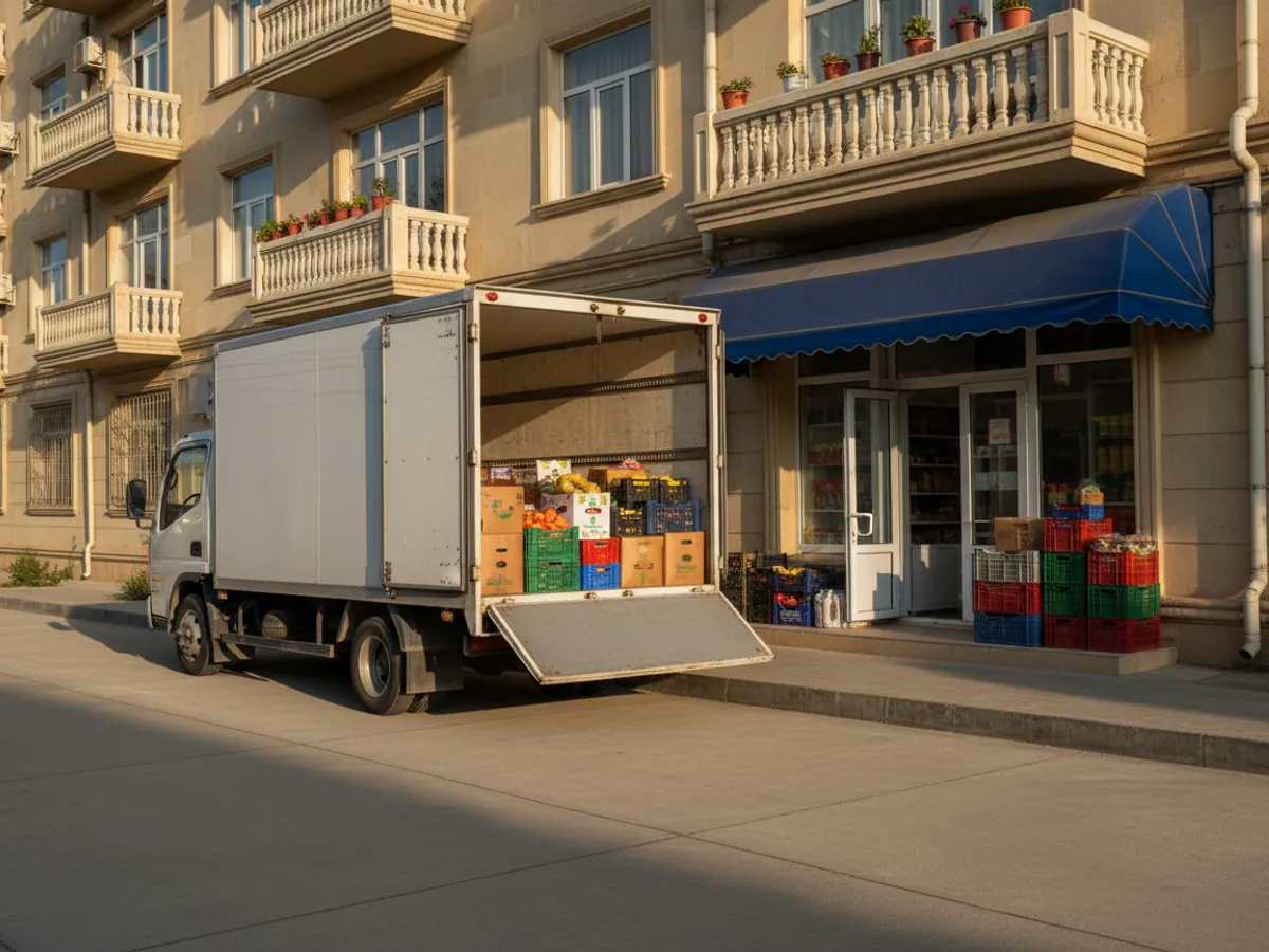 A box van with its rear door open outside a corner shop, boxes on the tail lift