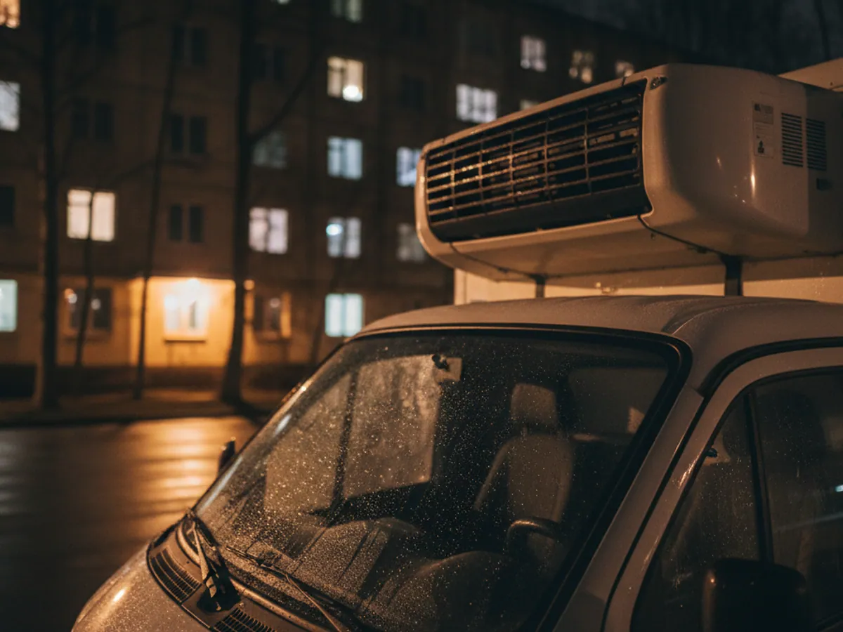 The refrigeration unit above the cab of a reefer van parked at night in a residential courtyard