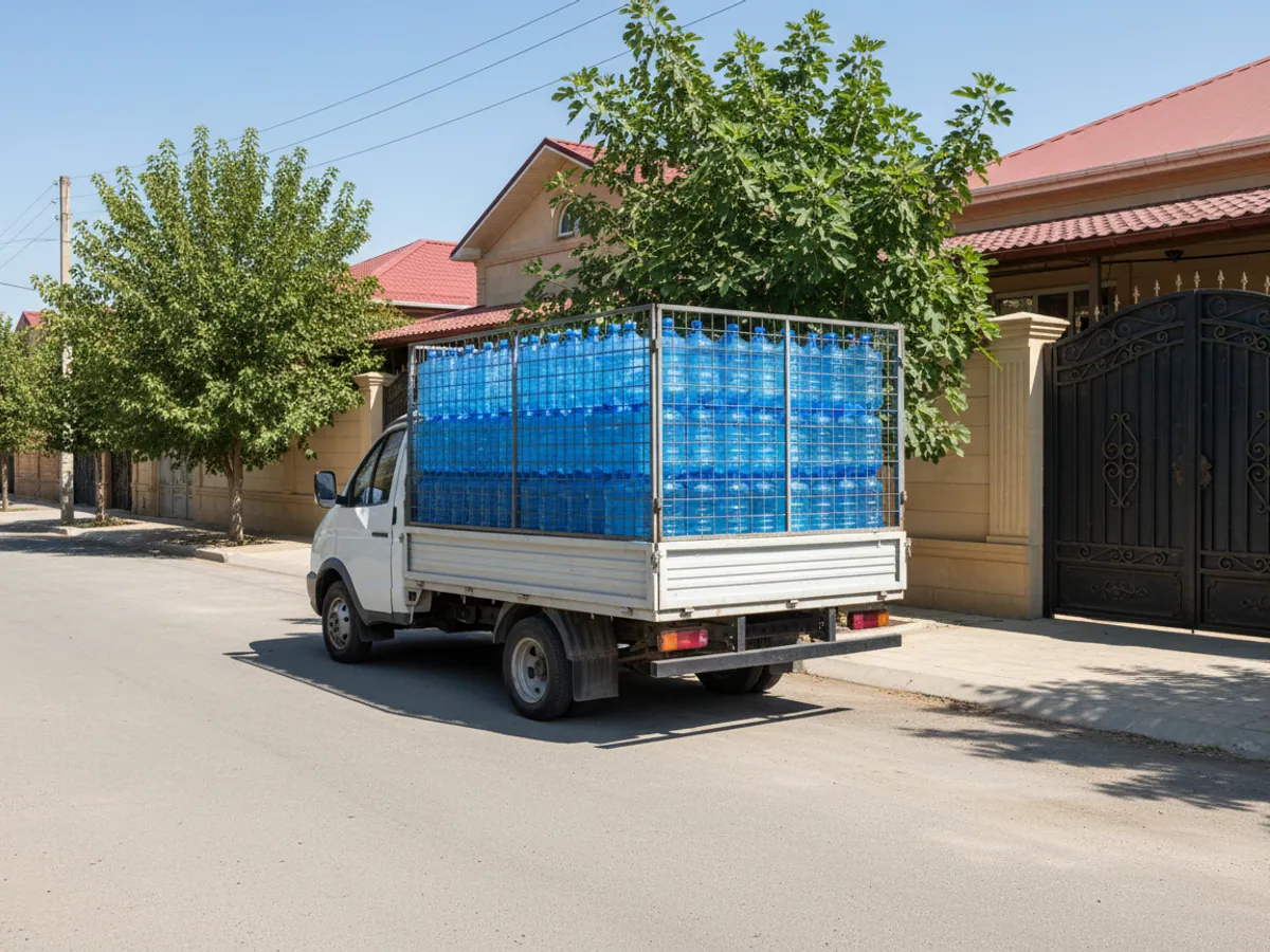 Qəsəbənin sakit küçəsində sıra ilə düzülmüş mavi 19 litrlik su balonları olan yük maşını