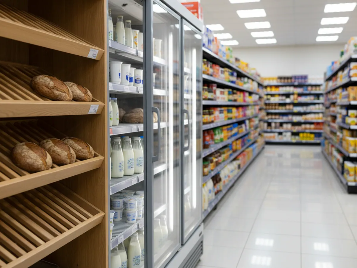 Half-empty bread and dairy shelves in a supermarket in the morning
