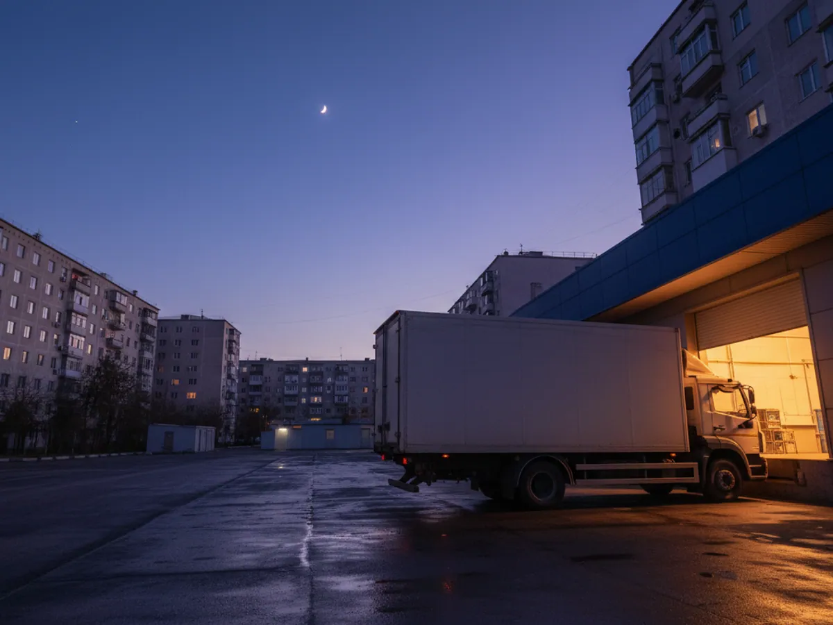 A lorry at a supermarket goods-in dock before dawn, warm light spilling from the doorway