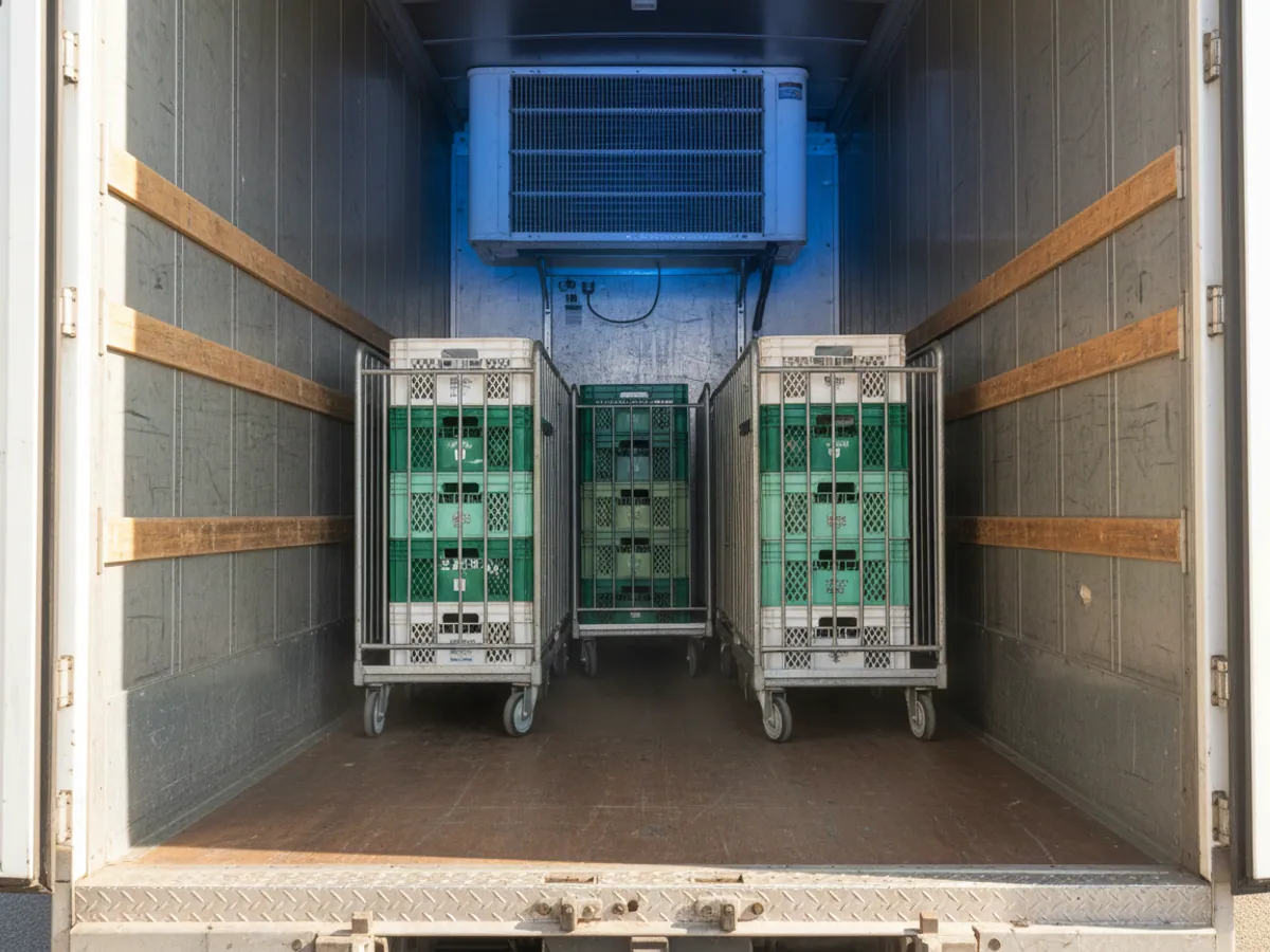 The inside of a refrigerated body: the evaporator on the front wall and sunlight by the doors