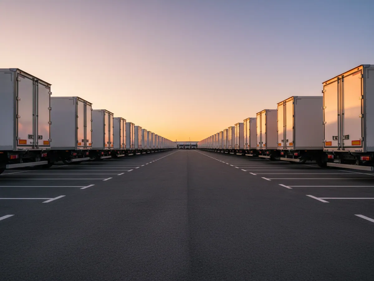 A row of identical white chain lorries at sunset, with one space in the row empty
