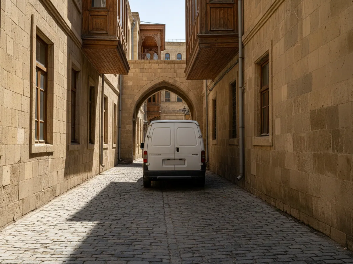 A compact delivery van in a narrow cobbled lane in the Old City of Baku