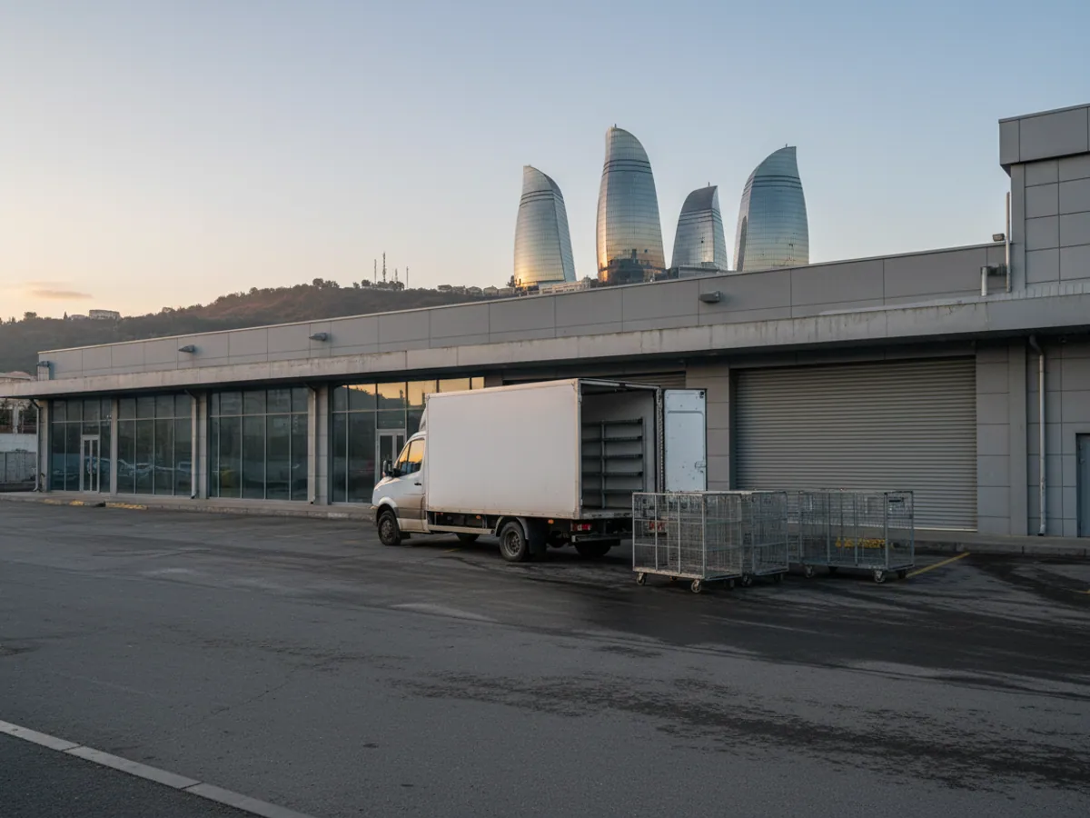 A refrigerated van at a supermarket unloading bay, the Flame Towers on the hill behind