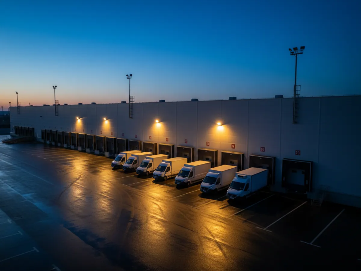 Six delivery vans and a refrigerated unit at the lit loading bays of a warehouse before dawn
