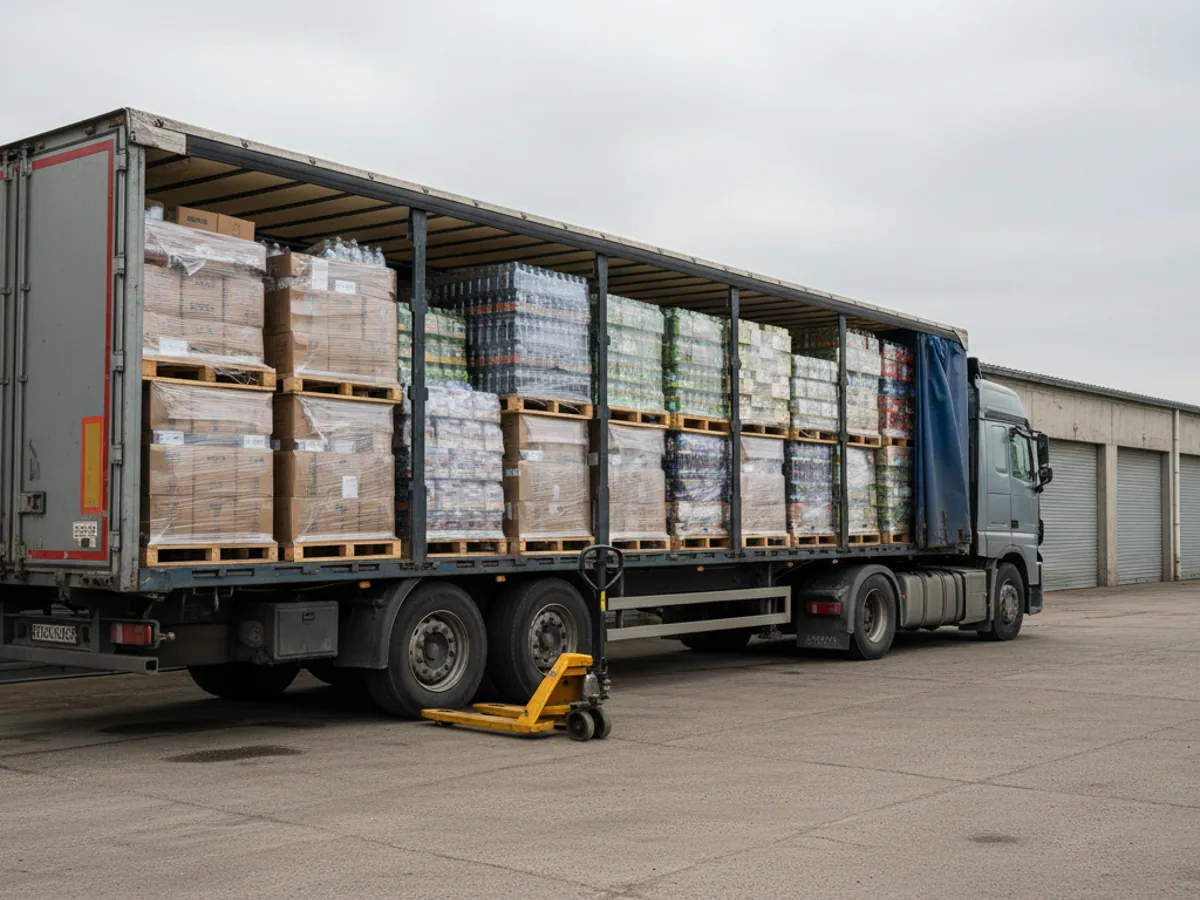 A curtainsider with its side open at a wholesale market, pallets of goods inside