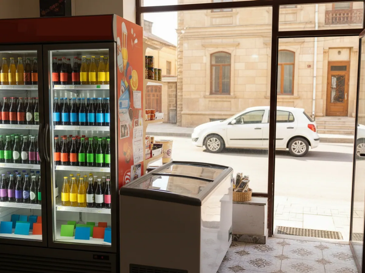 A chilled display of drinks in a small shop, a hatchback parked outside the window