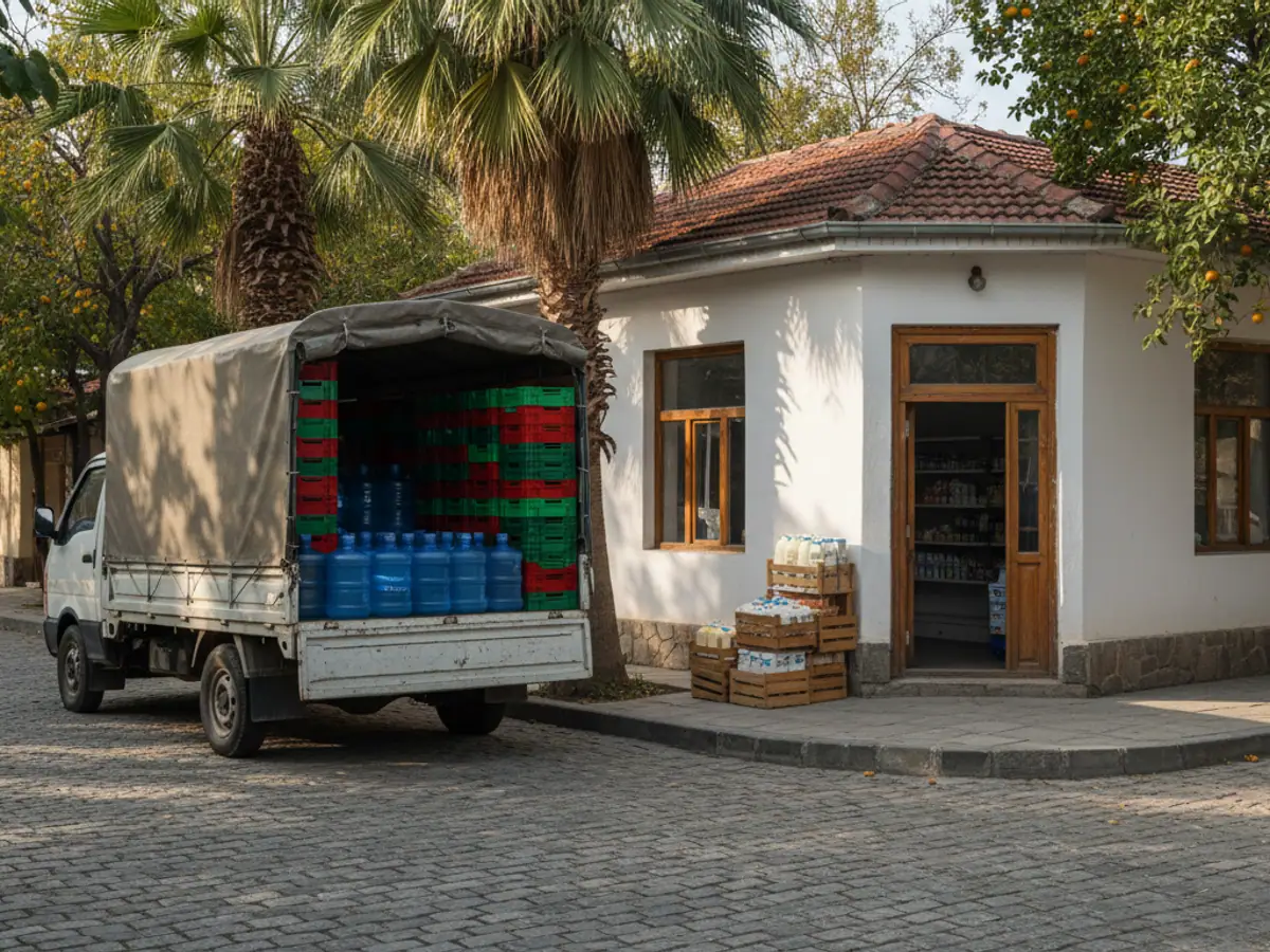 Bread trays and water bottles in the body of a small delivery lorry outside a shop