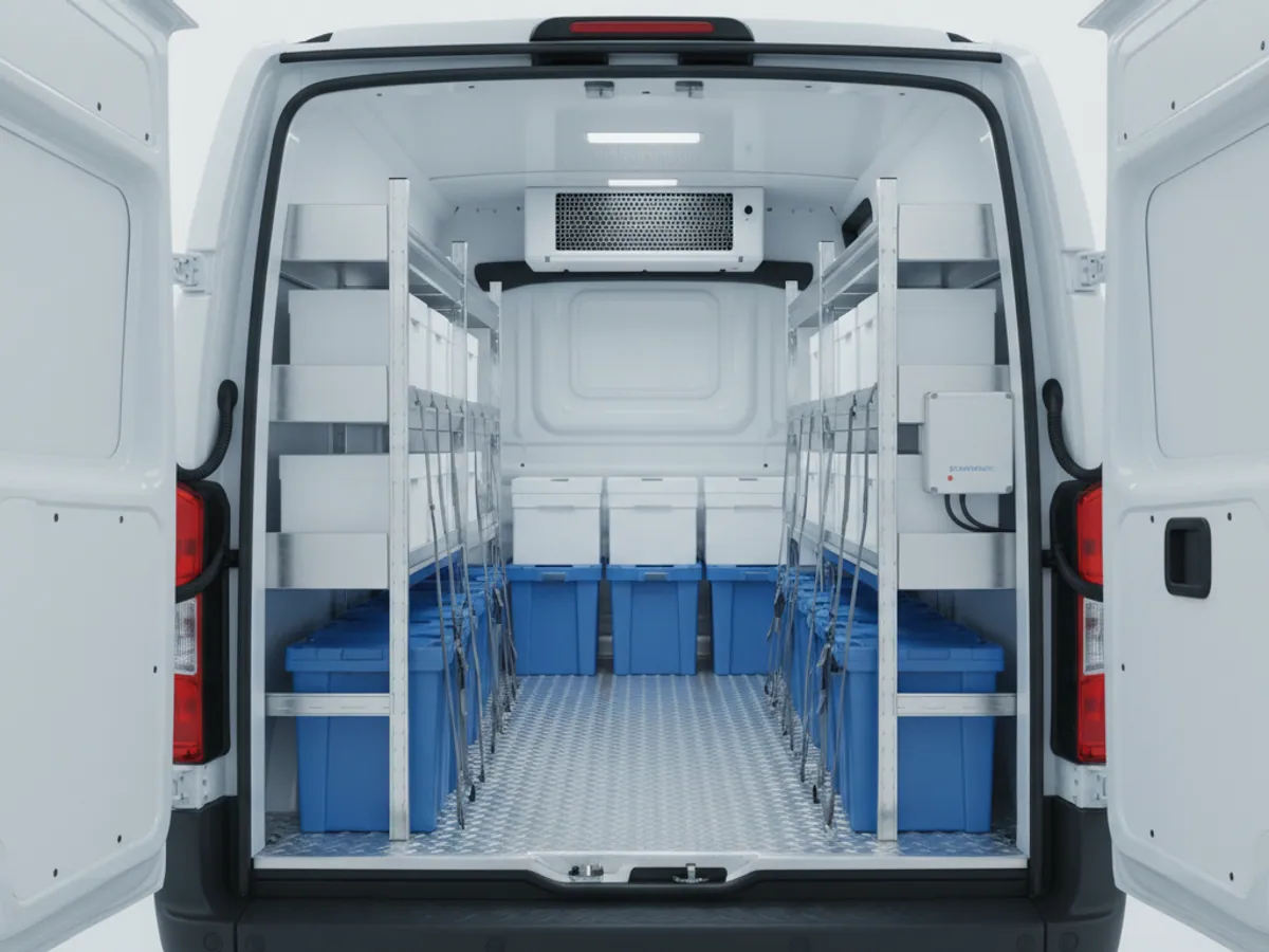 Insulated boxes of medicines secured on shelves in the clean body of a refrigerated van